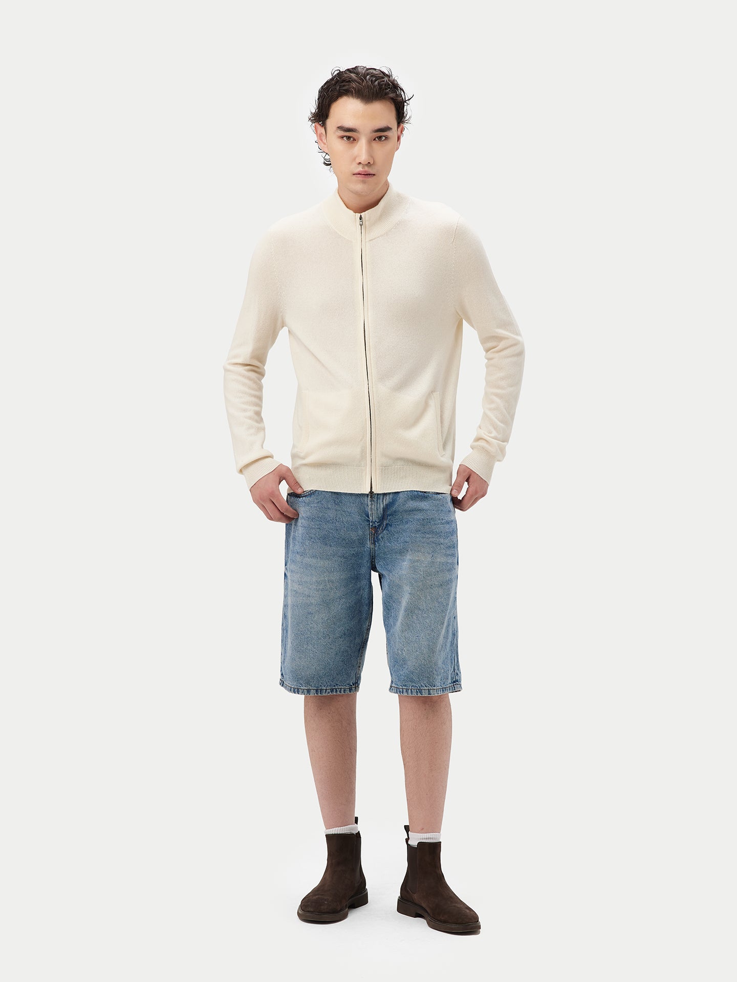 Men's Cashmere Full-Zip Cardigan Off White - Gobi Cashmere