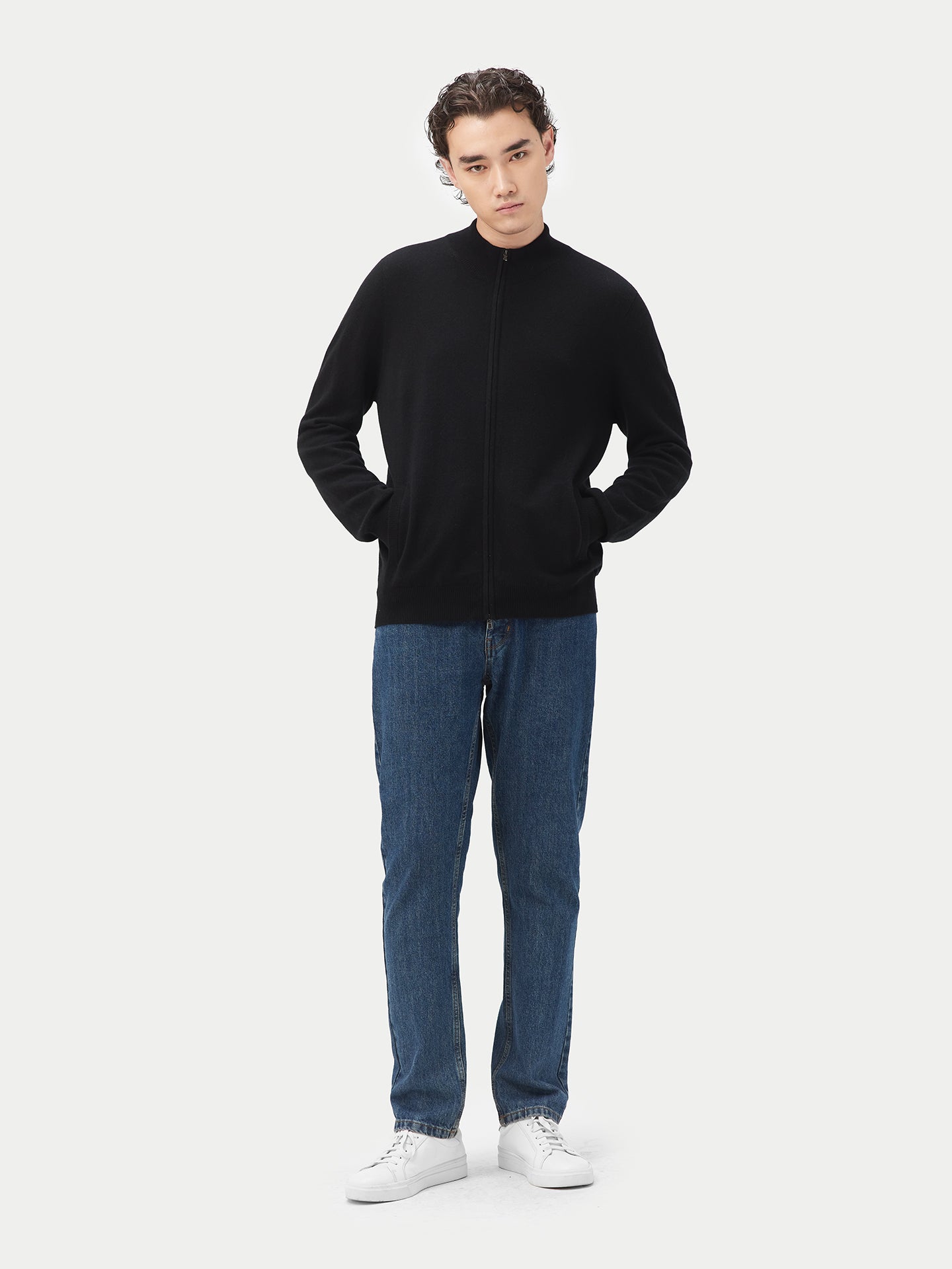 Men's Cashmere Full-Zip Cardigan Black - Gobi Cashmere