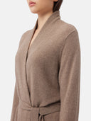 close up of a brown bathrobe with belt #color_taupe