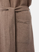 close up bottom-side view of a brown bathrobe with belt and pockets #color_taupe