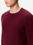 close up of a maroon crew-neck sweater worn by a person on a white background #color_zinfandel