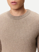 Close-up of a person wearing a beige textured crew-neck sweater against a neutral background #color_taupe
