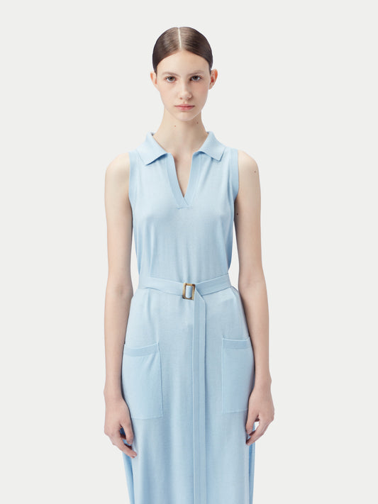 Women's Sleeveless Silk Cashmere Polo Dress Powder Blue - Gobi Cashmere