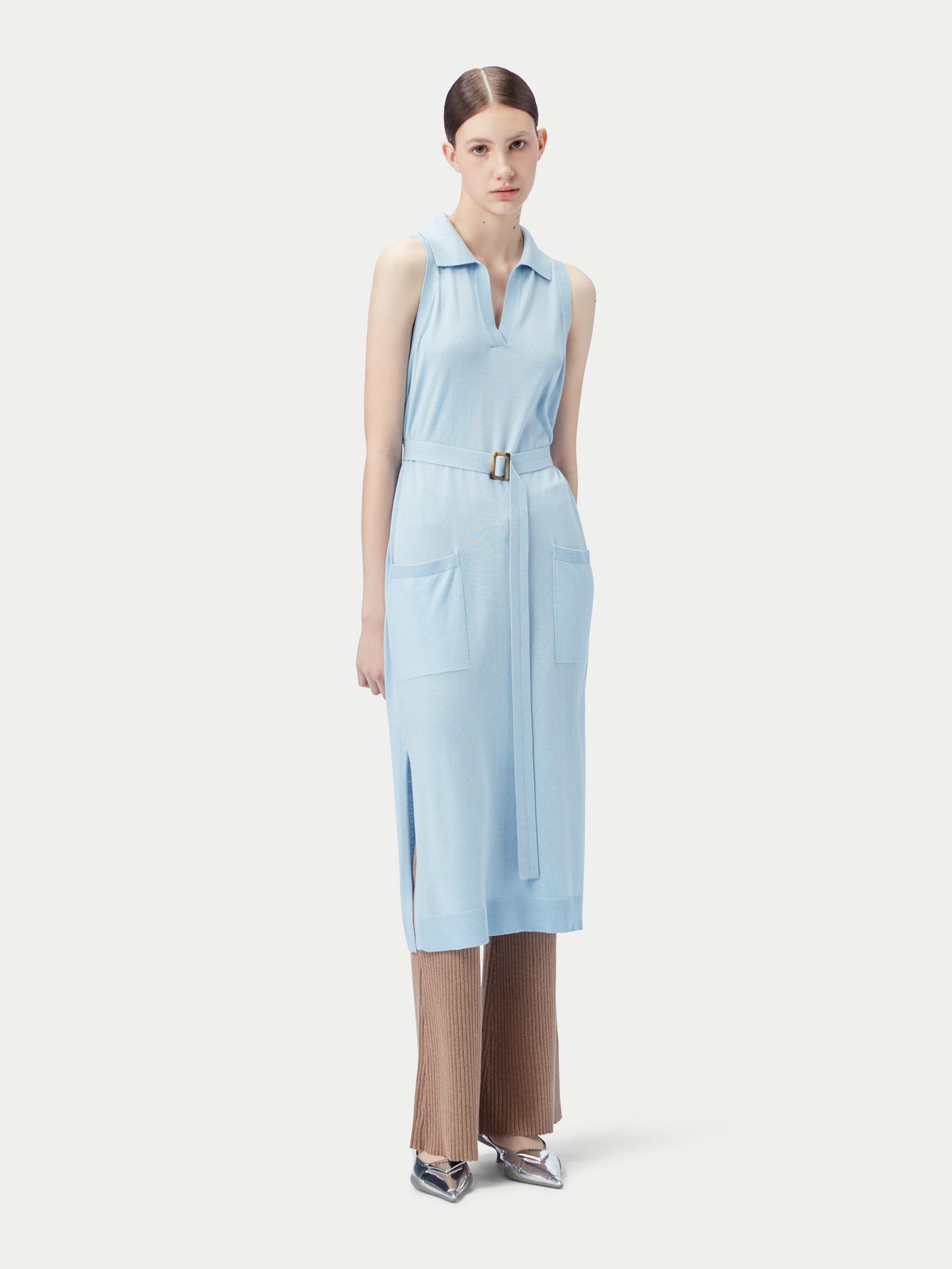 Women's Sleeveless Silk Cashmere Polo Dress Powder Blue - Gobi Cashmere