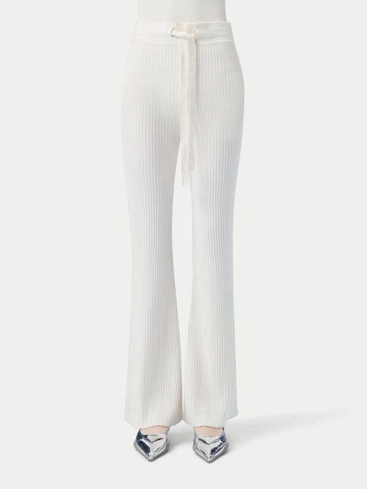 Women's Drawstring Ribbed Cotton Silk Cashmere Blend Flares Whisper White - Gobi Cashmere