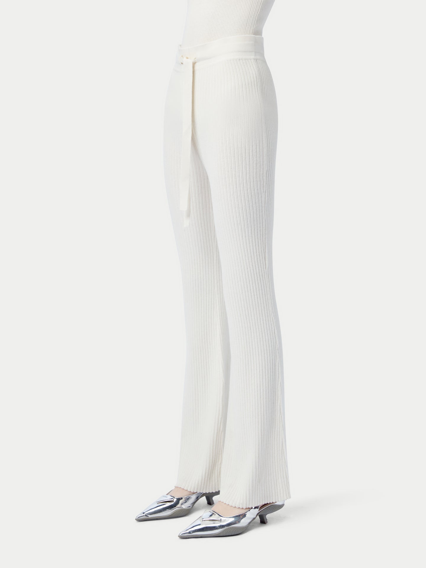 Women's Drawstring Ribbed Cotton Silk Cashmere Blend Flares Whisper White - Gobi Cashmere