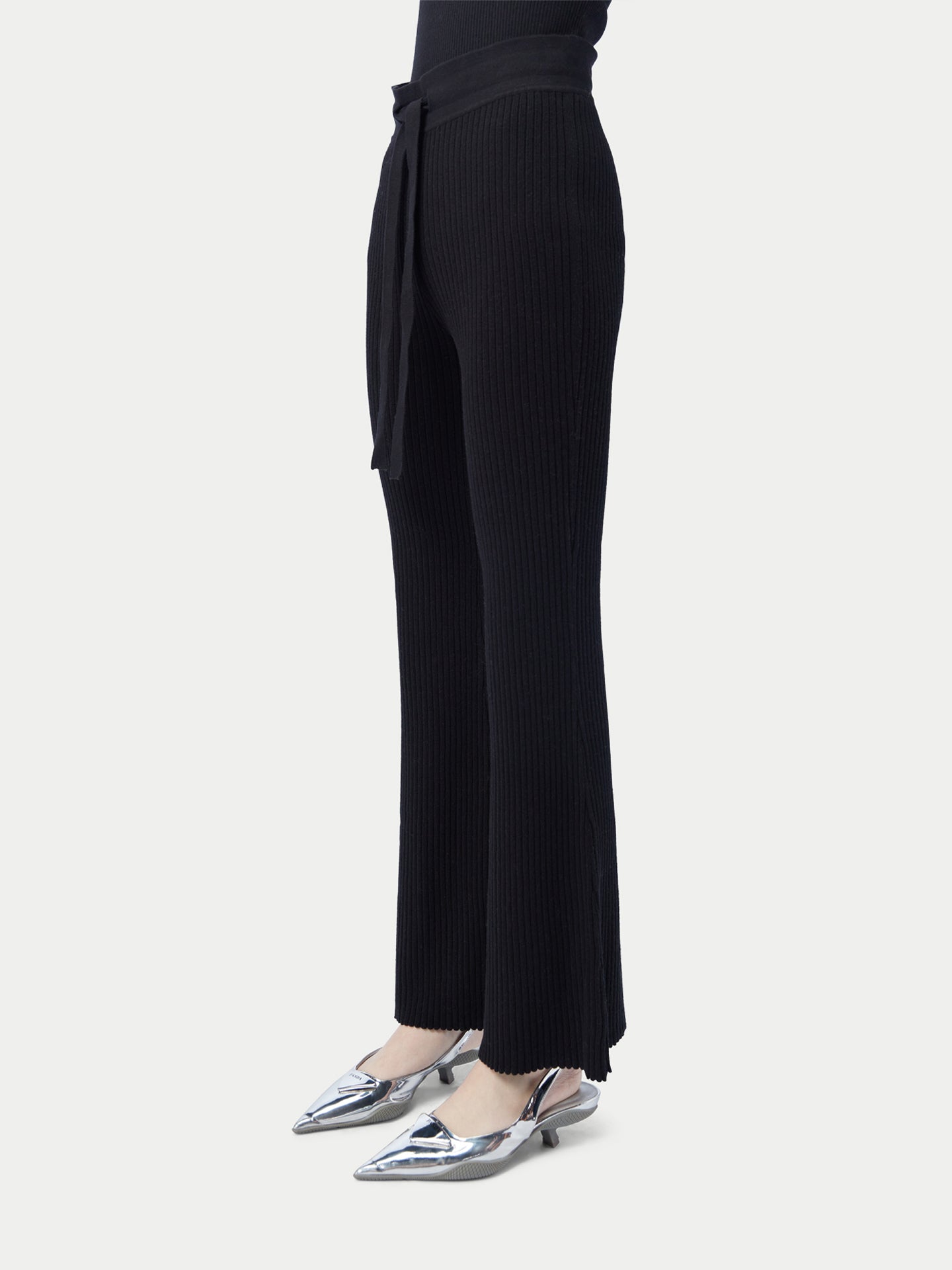 Women's Drawstring Ribbed Cotton Silk Cashmere Blend Flares Black - Gobi Cashmere