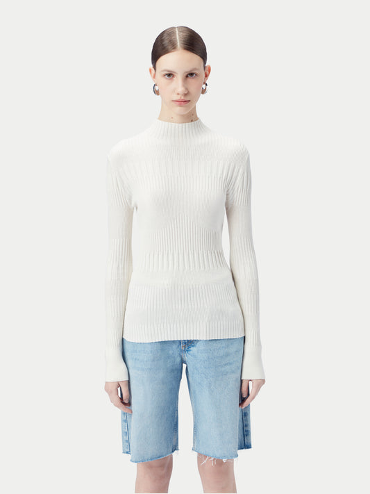 Women's High-neck Ribbed Cotton Silk Cashmere Blend Sweater Whisper White - Gobi Cashmere