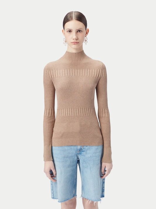 Women's High-neck Ribbed Cotton Silk Cashmere Blend Sweater Timber Wolf - Gobi Cashmere