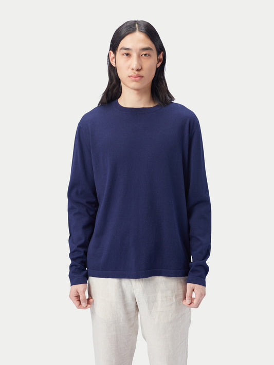 Men's Crewneck Cotton Silk Cashmere Blend Sweater Navy - Gobi Cashmere