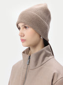 side view of a beige beanie with jacket #color_taupe