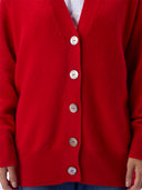A close-up of a bright red knit cardigan sweater with five light-colored buttons, worn by a person whose hands and lower torso are visible.