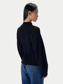 A model shown from the back wearing a black mock neck knit sweater and blue jeans against a light gray studio background.