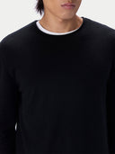 A close-up of a man wearing a black knit sweater, showing the rolled-edge crew neckline over a white t-shirt.