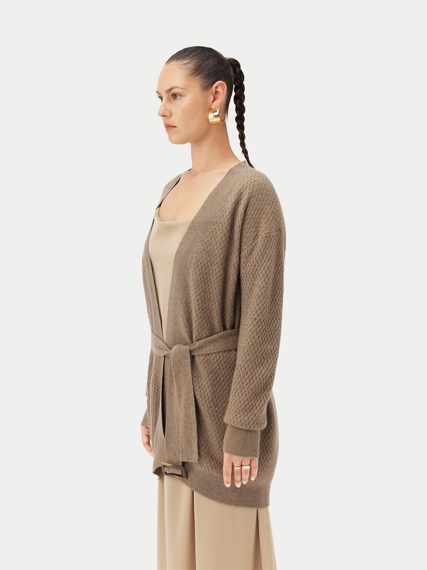 Women's Organic Colour Self-Belt Cashmere Cardigan Taupe - Gobi Cashmere