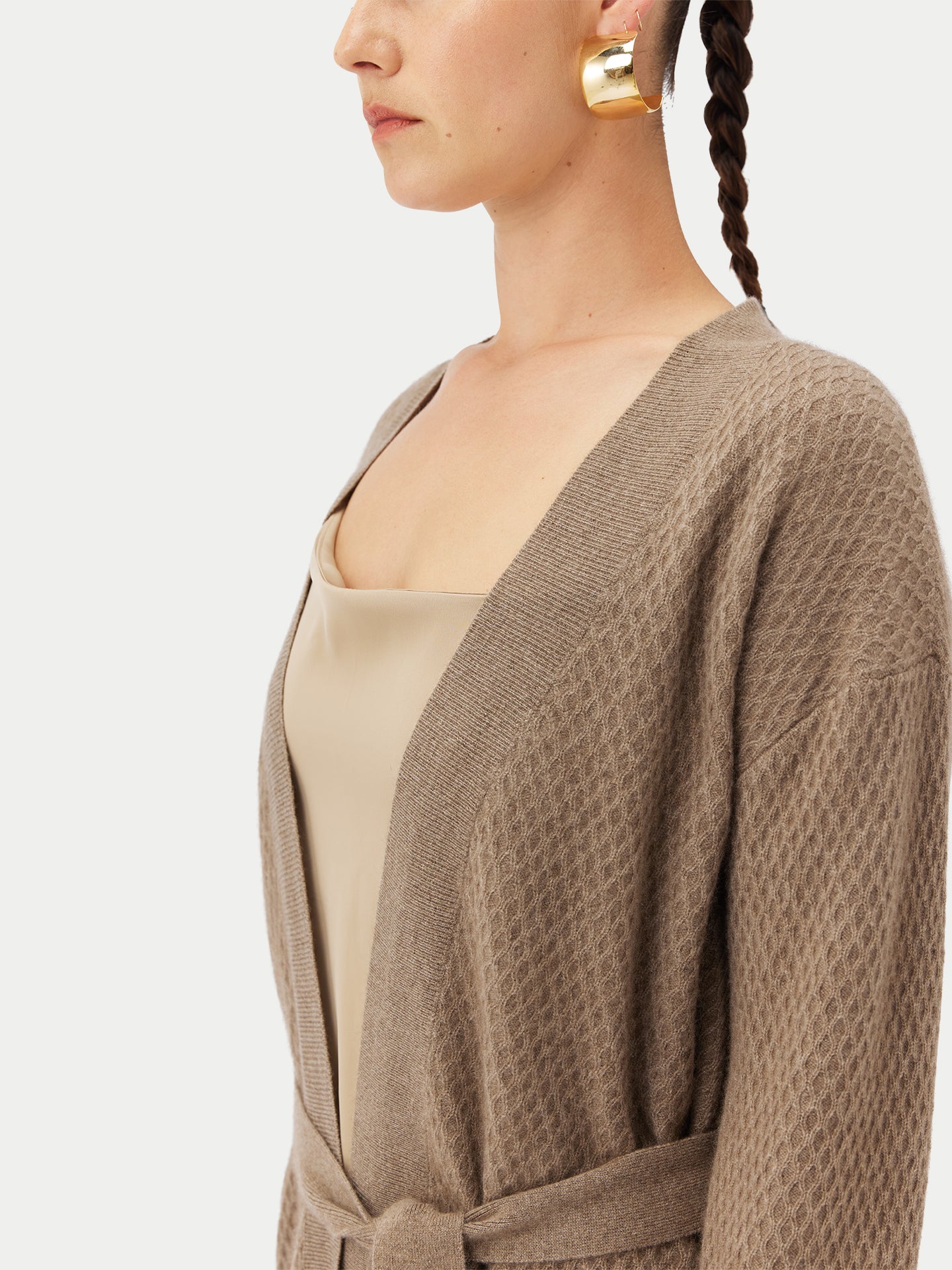 Women's Organic Colour Self-Belt Cashmere Cardigan Taupe - Gobi Cashmere