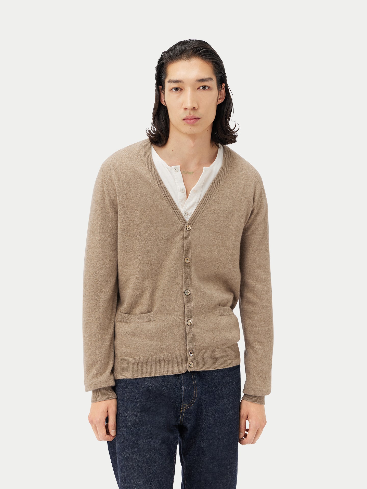 Men's Cashmere V-Neck Cardigan Taupe - Gobi Cashmere