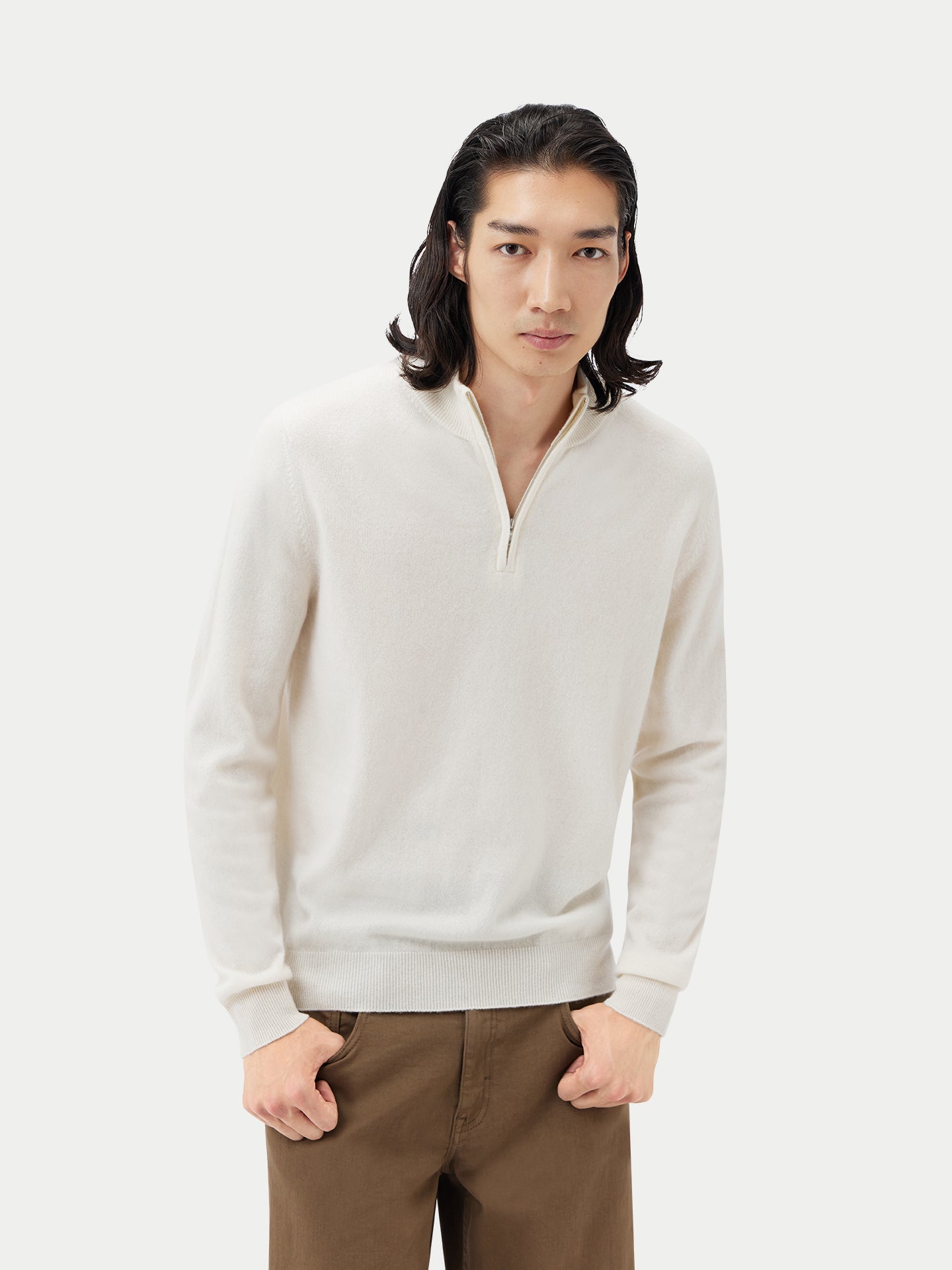 Men's Cashmere Half Zip Polo Marshmallow - Gobi Cashmere