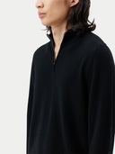 close up of a black half zip cardigan standing against a plain background. #color_black