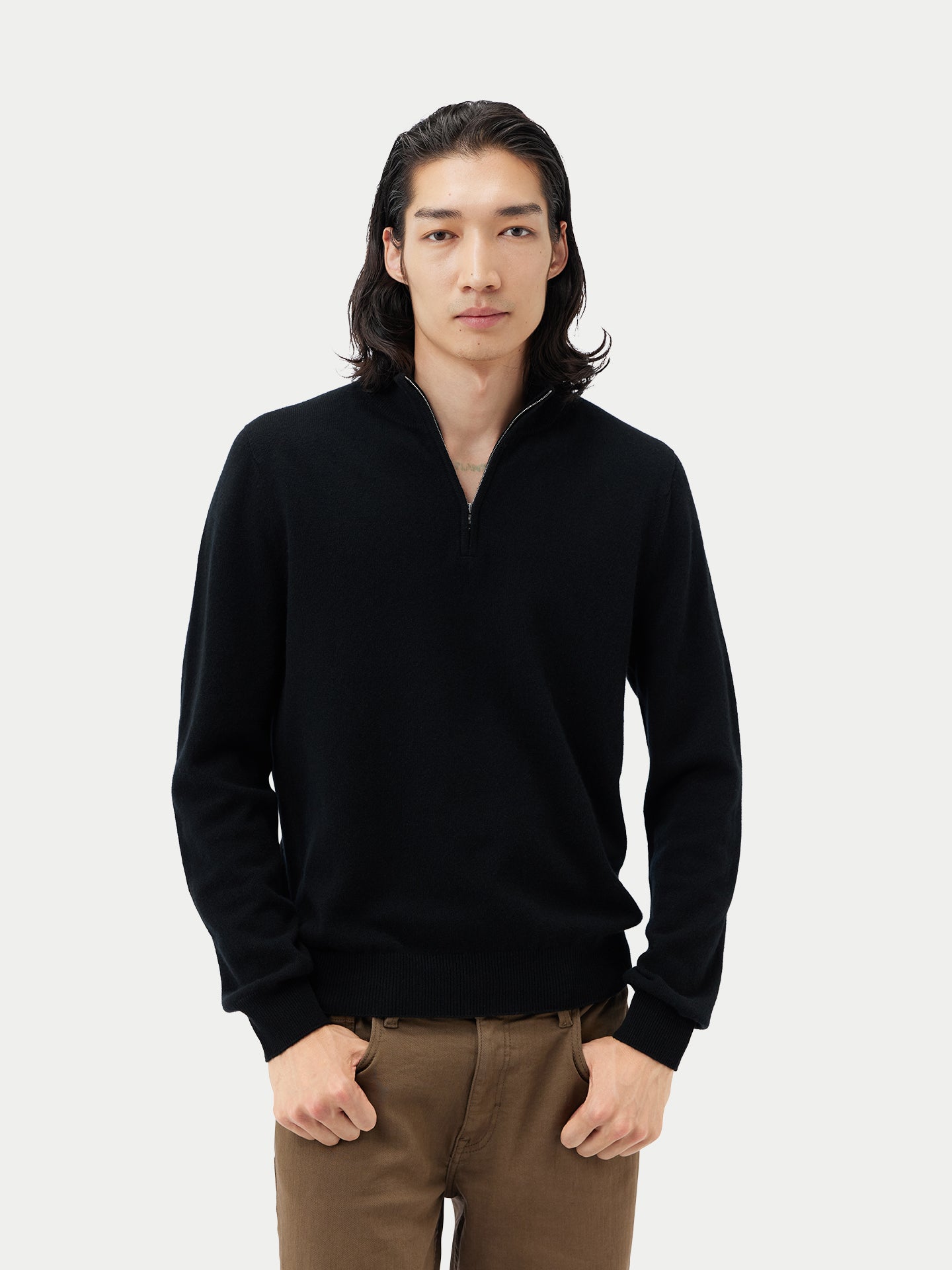 Men's Cashmere Half Zip Polo Black -  Gobi Cashmere