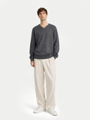 front view of a Man wearing a gray sweater and beige pants on a white background #color_plum-kitten