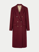 Maroon double breasted long coat with gold buttons, side pockets on a light gray background #color_bordeaux