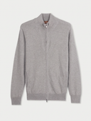 A light gray heather zip-up sweater with a stand collar, ribbed cuffs, and ribbed hem, displayed on a neutral off-white background.