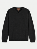 A dark charcoal gray v-neck knit sweater with long sleeves, shown flat against a light gray background. A small brown brand label reading 'GOBI' is visible inside the collar.