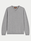 A light gray heathered V-neck knit sweater with long sleeves, shown flat against a light gray background. A brown brand label reading GOBI is visible at the inner collar.