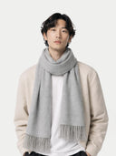 Man wearing a gray scarf and beige sweater on a white background #color_high-rise