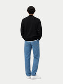 back view of a Person wearing a black sweater and blue jeans on a white background  #color_black