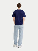 back view of a navy blue t-shirt and light blue jeans on a white background #color_navy