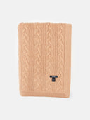 A beige cable knit blanket with a textured pattern, displayed on a plain background. #color_sheepskin