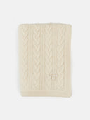 flat lay of a white knit blanket