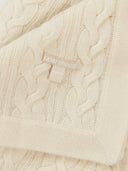 close up of a white knit blanket with label "GOBI Organic"