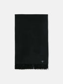 A black cashmere scarf with fringe detailing at the edges, displayed neatly and laid flat. #color_black