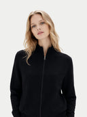 close up of a woman wearing a black zip-up cardigan against a white background #color_black