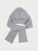 A ribbed knit hooded scarf in a dusty mauve-pink color, displayed against a clean off-white background.