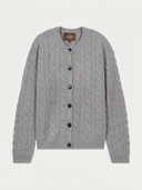 A light gray cable-knit cardigan sweater with black buttons, shown flat against a light off-white background. The brand label 'GOBI' is visible inside the collar.