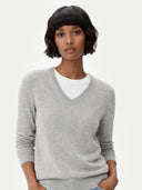close up of a woman wearing a gray sweater over a white shirt on a light gray background #color_dawn-blue