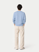 back view of a Person wearing a light blue sweater and beige pants on a white background #color_light-blue