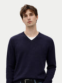 Man wearing a navy blue sweater against a plain background #color_navy-blazer