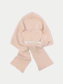 A light pink ribbed knit beanie and matching scarf set, displayed flat against a clean off-white background.