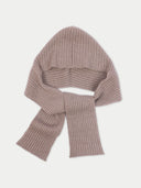A ribbed knit hooded scarf in a dusty mauve-pink color, displayed against a clean off-white background.