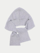 A light gray ribbed knit hooded scarf with a tie detail, displayed flat against a light off-white background.
