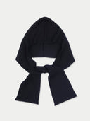 A dark navy blue ribbed knit hood with a matching tie scarf, displayed against a light gray background.