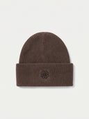 The Women's Seamless Cashmere Ribbed Beanie in Brown, flat lay front view
