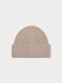 The Unisex Seamless Cashmere Ribbed Beanie in Taupe, back view