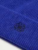 Close-up of the Unisex Seamless Cashmere Ribbed Beanie in Bright Blue