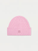 The Unisex Seamless Cashmere Ribbed Beanie in Light Pink, flat lay front view